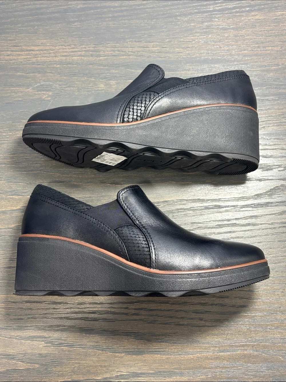 Clarks Collection Mazy Squam Black Slip On Wedge Shoes - size 7.5